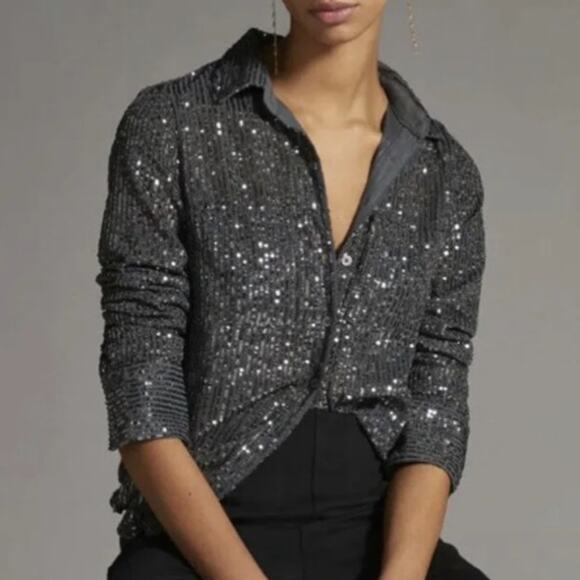 Anthropologie Tops - Anthropologie Sequin Button Down Shirt Collared Long Sleeve Slate Grey Small